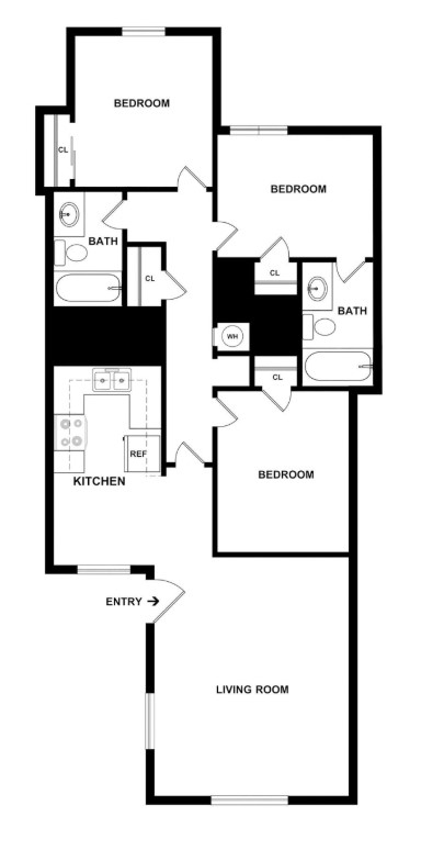Floor plan for 3 beds, 2 baths, 1031 sqft